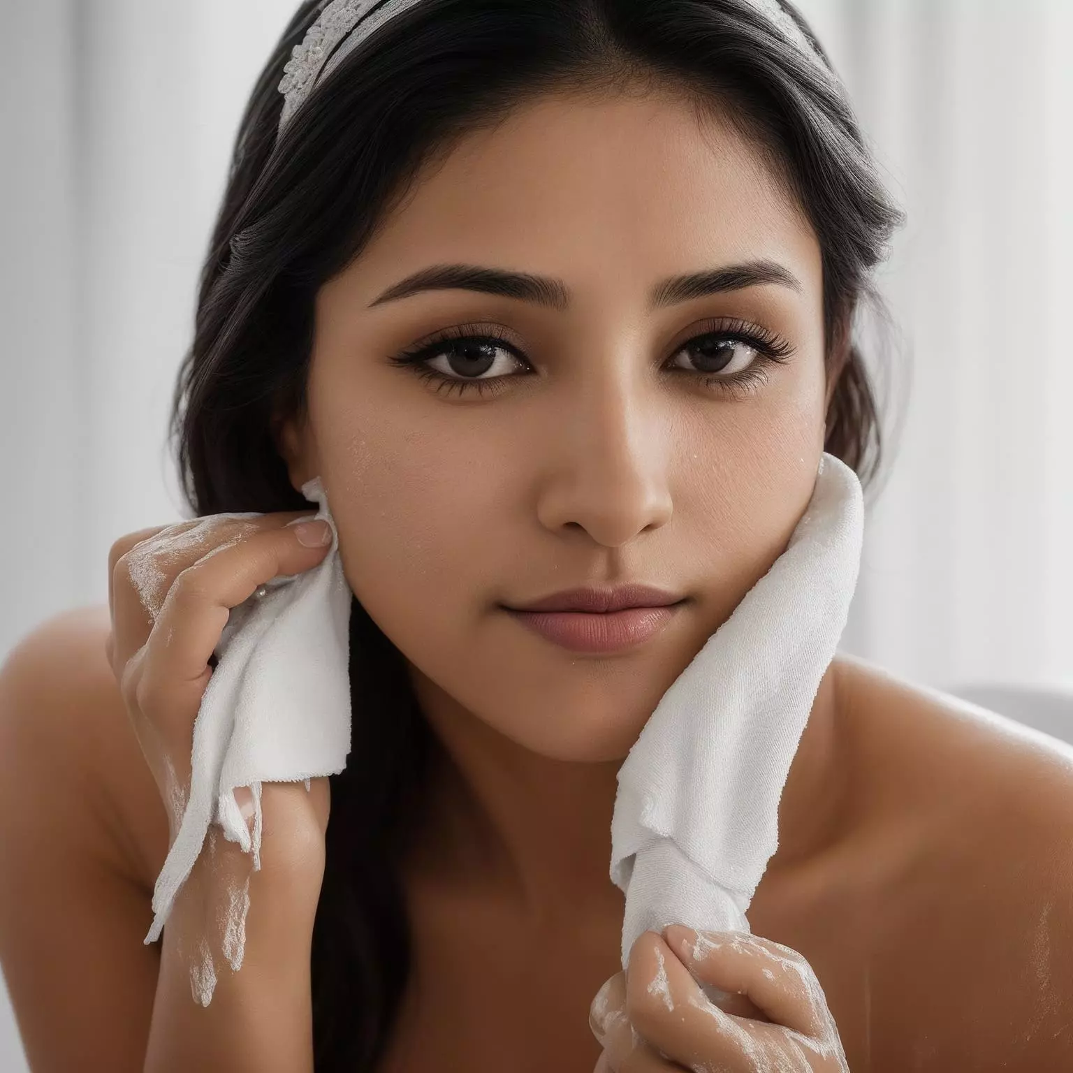 Mujer secando su cara con una toalla